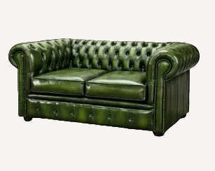 A classic green leather Chesterfield loveseat sofa with button tufting and nailhead trim, shown from a three-quarter angle on a white background.
