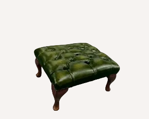 A square tufted leather ottoman in dark green with dark brown wooden legs, shown on a plain white background.
