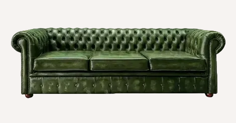 A classic green leather Chesterfield sofa with deep button tufting, rolled arms, and nailhead trim, shown against a plain white background.