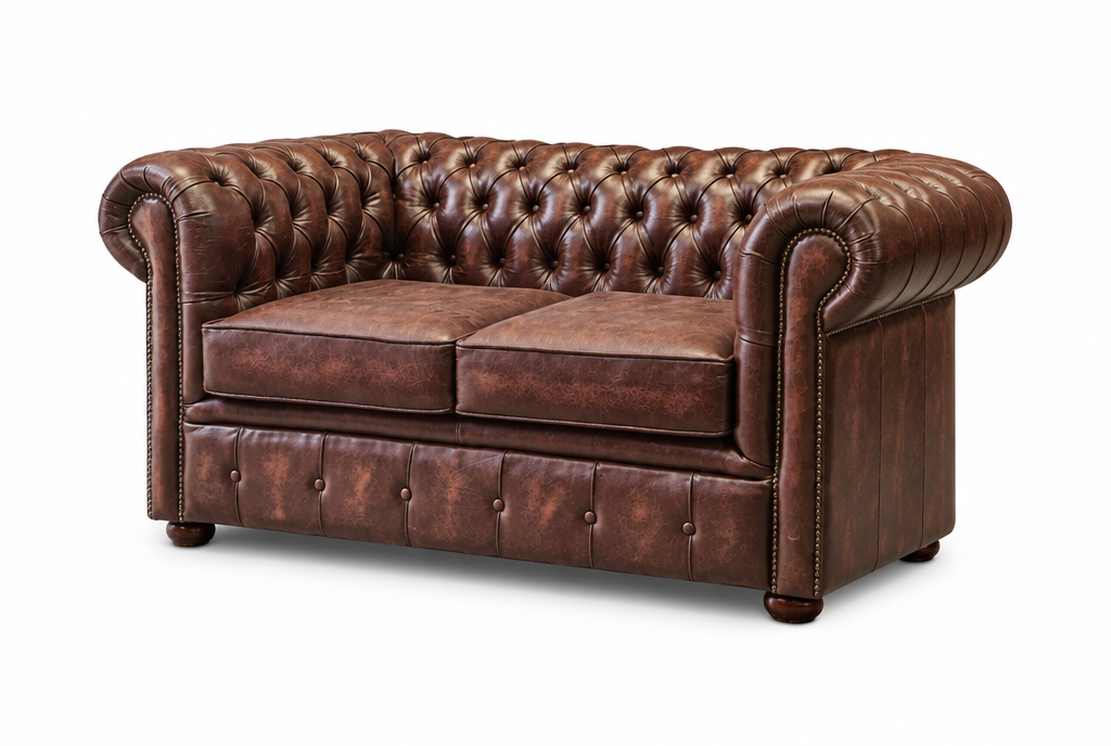 Antique Brown Chesterfield Tudor 2-Seater Sofa, three-quarter view