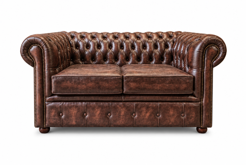 Antique Brown Chesterfield Tudor 2-Seater Sofa, front view