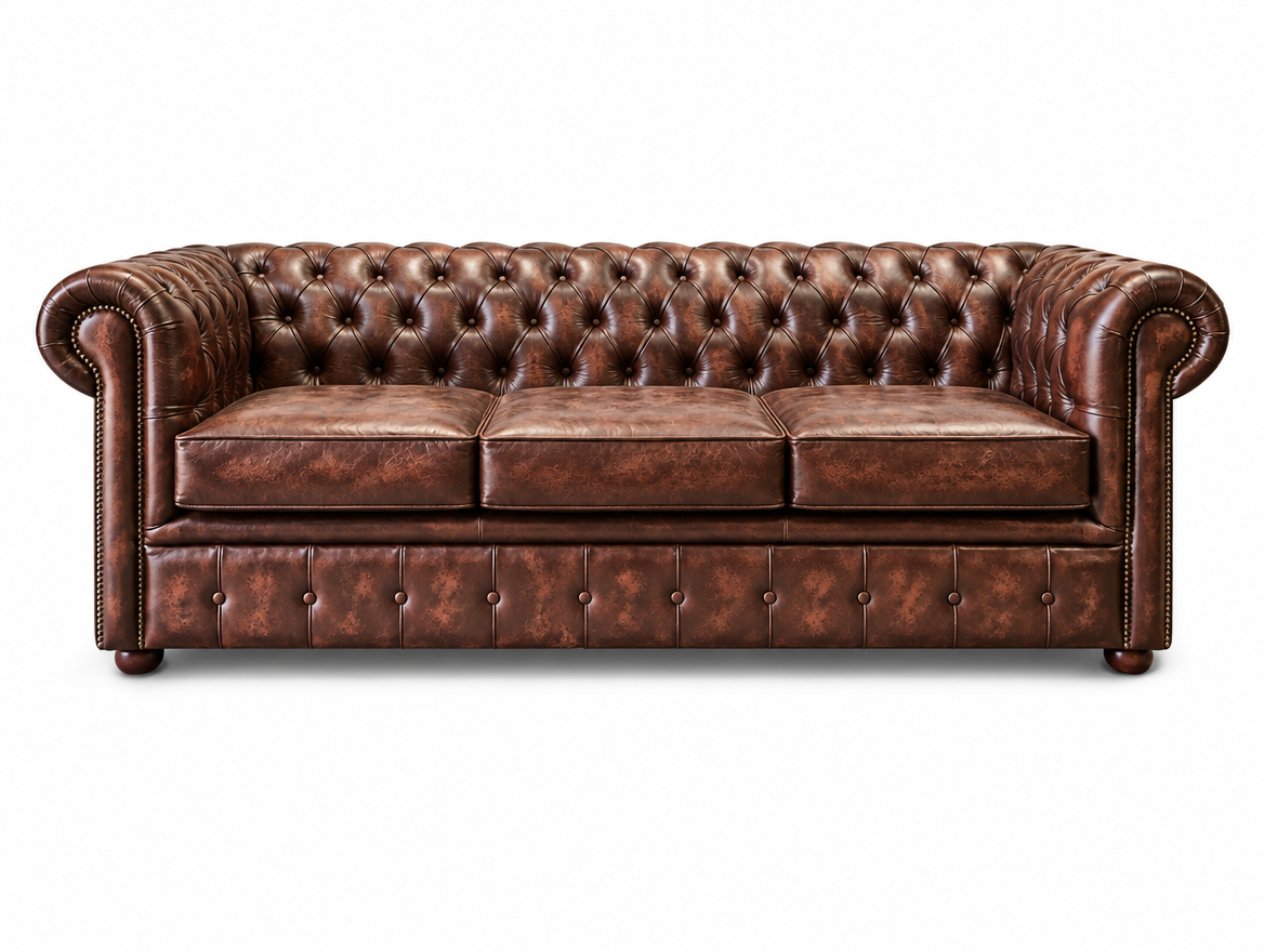 Antique Brown Chesterfield Tudor 3-Seater Sofa, front view