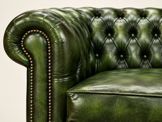 Antique Green Chesterfield Tudor 3-Seater Sofa, close-up of the rolled arm, deep buttoning and brass studs