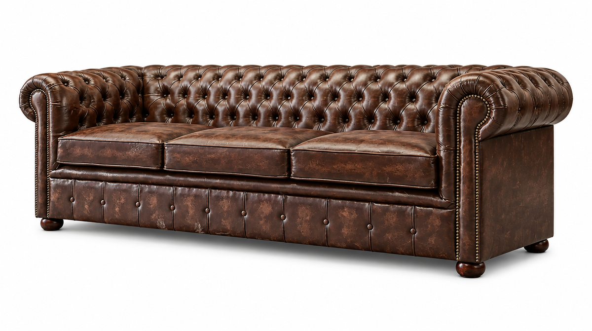 Antique Brown Chesterfield Tudor 3-Seater Sofa, three-quarter view