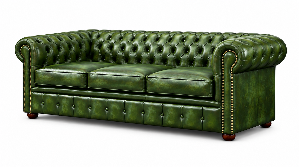 Antique Green Chesterfield Tudor 4-Seater Sofa, three-quarter view