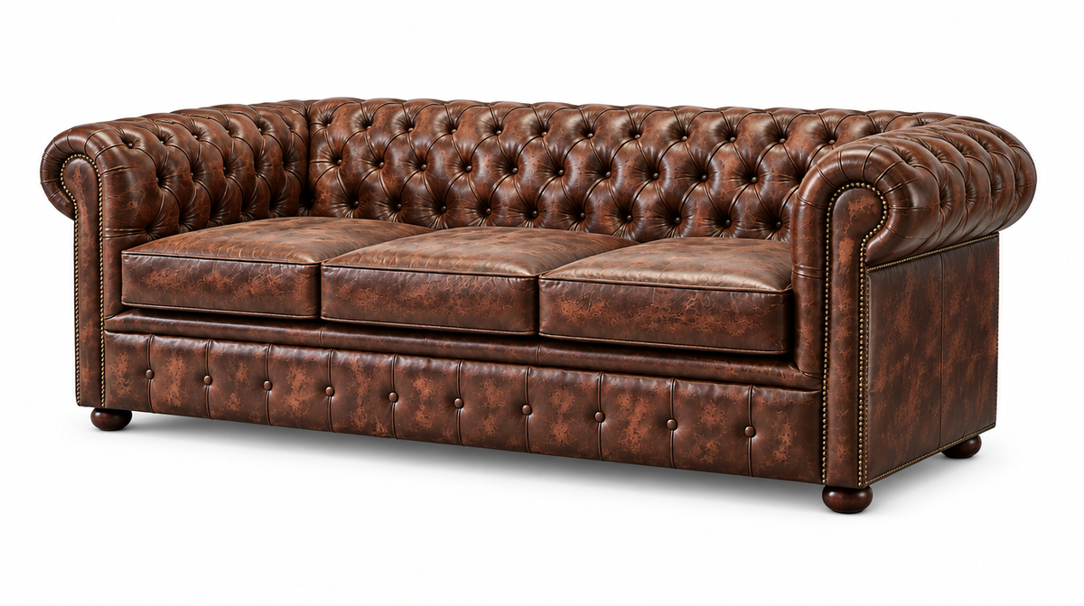Antique Brown Chesterfield Tudor 4-Seater Sofa, three-quarter view