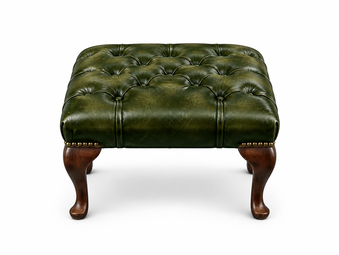 Antique Green Chesterfield Queen Anne Footstool, front view