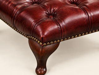 Antique Rosso Chesterfield Queen Anne Footstool, close-up of the buttoned top and cabriole leg