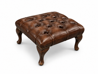 Antique Brown Chesterfield Queen Anne Footstool, three-quarter view