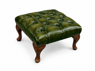 Antique Green Chesterfield Queen Anne Footstool, three-quarter view