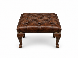 Antique Brown Chesterfield Queen Anne Footstool, three-quarter view