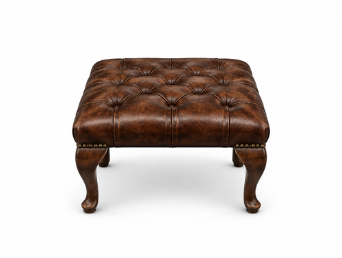 Antique Brown Chesterfield Queen Anne Footstool, three-quarter view