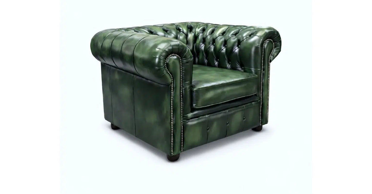 Chesterfield Tudor Low-Back Armchair in Antique Green leather