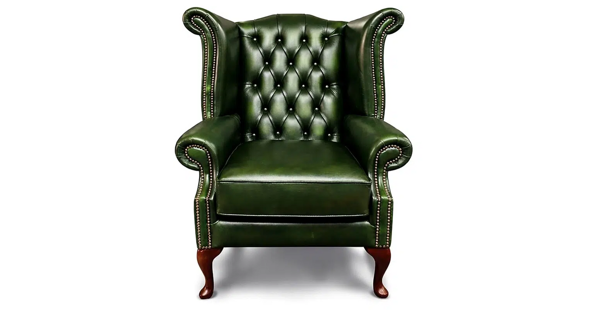 Chesterfield Tudor High-Back Armchair in Antique Green leather
