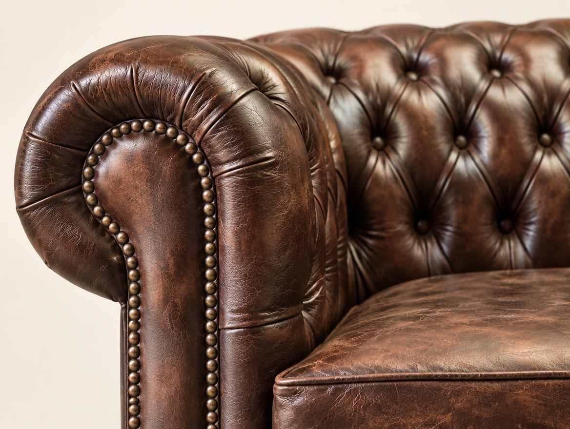 Antique Brown Chesterfield Tudor 2-Seater Sofa, close-up of the rolled arm, deep buttoning and brass studs