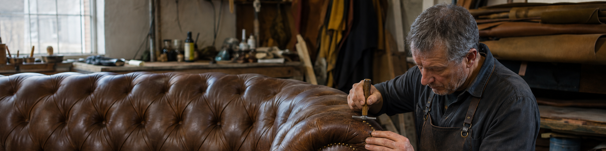 Craftsperson handcrafting a Chesterfield sofa in a British workshop