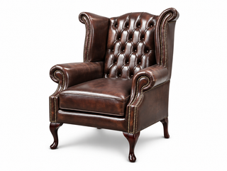 Antique Brown Chesterfield Tudor High Back Armchair, three-quarter view