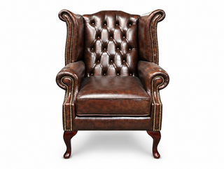 Antique Brown Chesterfield Tudor High Back Armchair, front view