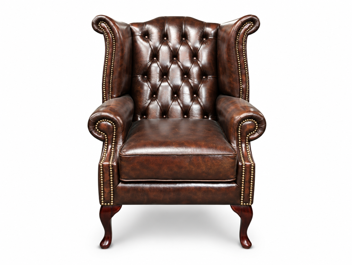 Antique Brown Chesterfield Tudor High Back Armchair, front view