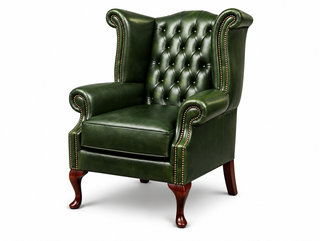 Antique Green Chesterfield Tudor High Back Armchair, three-quarter view
