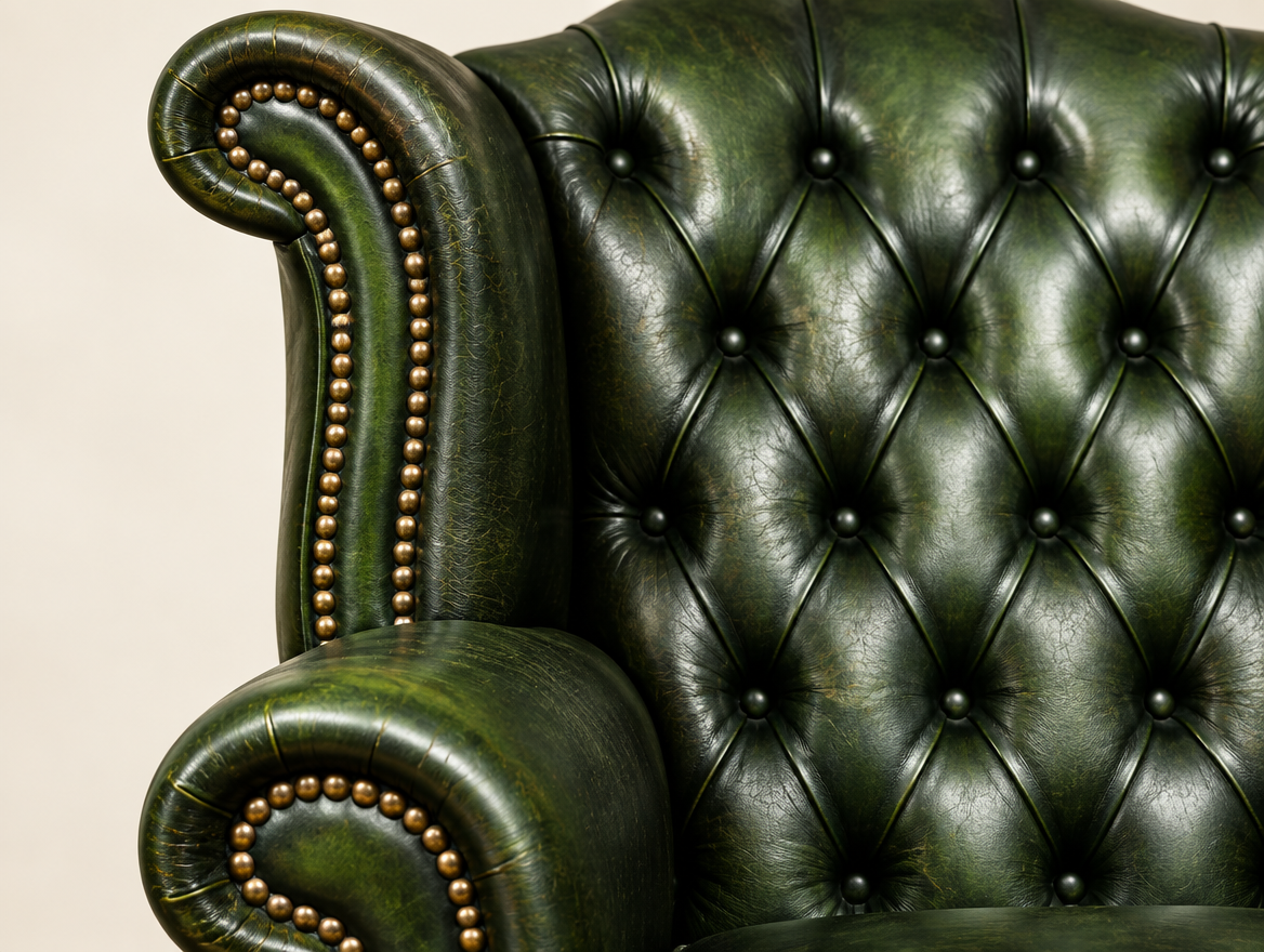 Antique Green Chesterfield Tudor High Back Armchair, close-up of the wing, rolled arm and deep buttoning