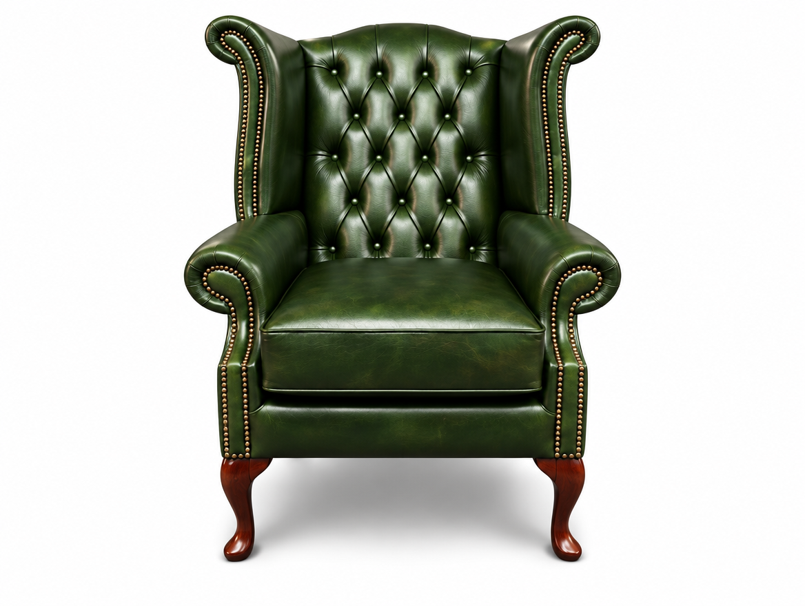 Antique Green Chesterfield Tudor High Back Armchair, front view