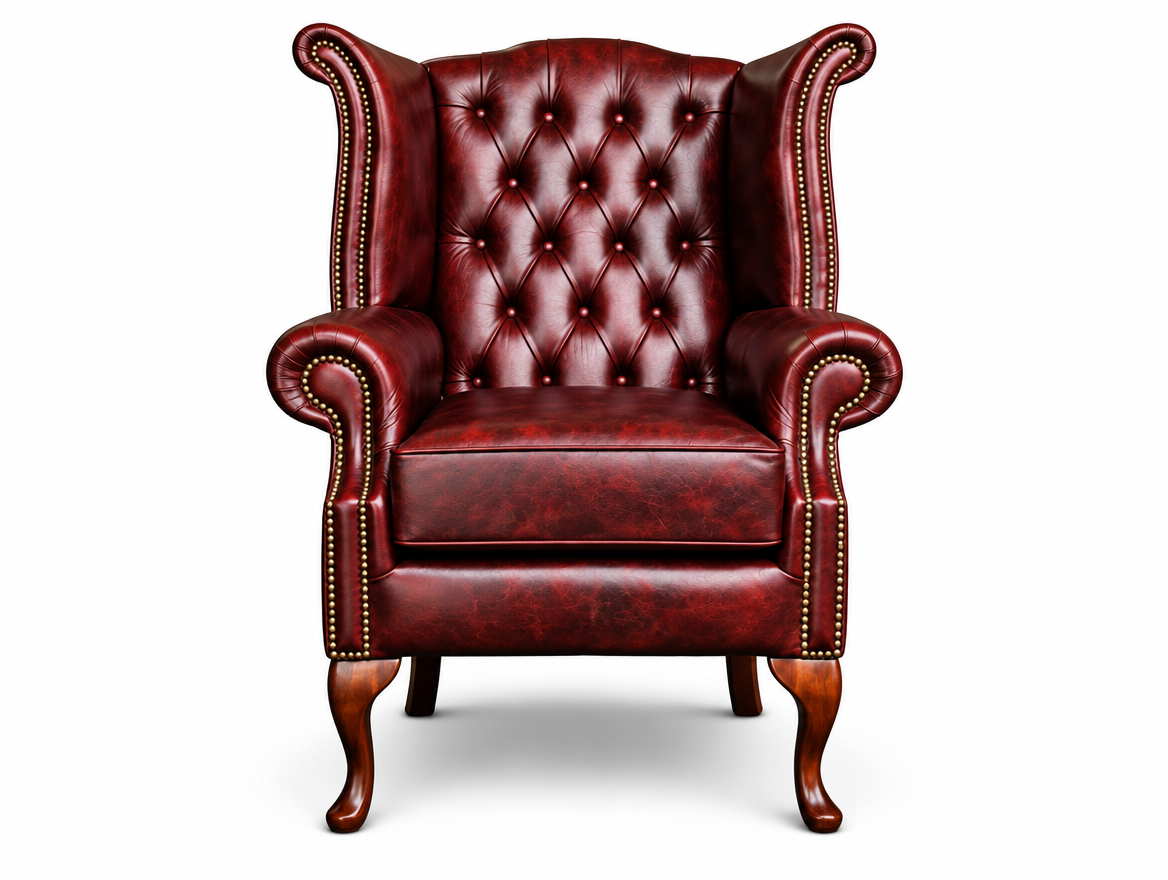 Antique Rosso Chesterfield Tudor High Back Armchair, front view
