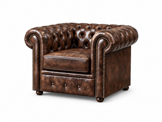 Antique Brown Chesterfield Tudor Low Back Armchair, three-quarter view