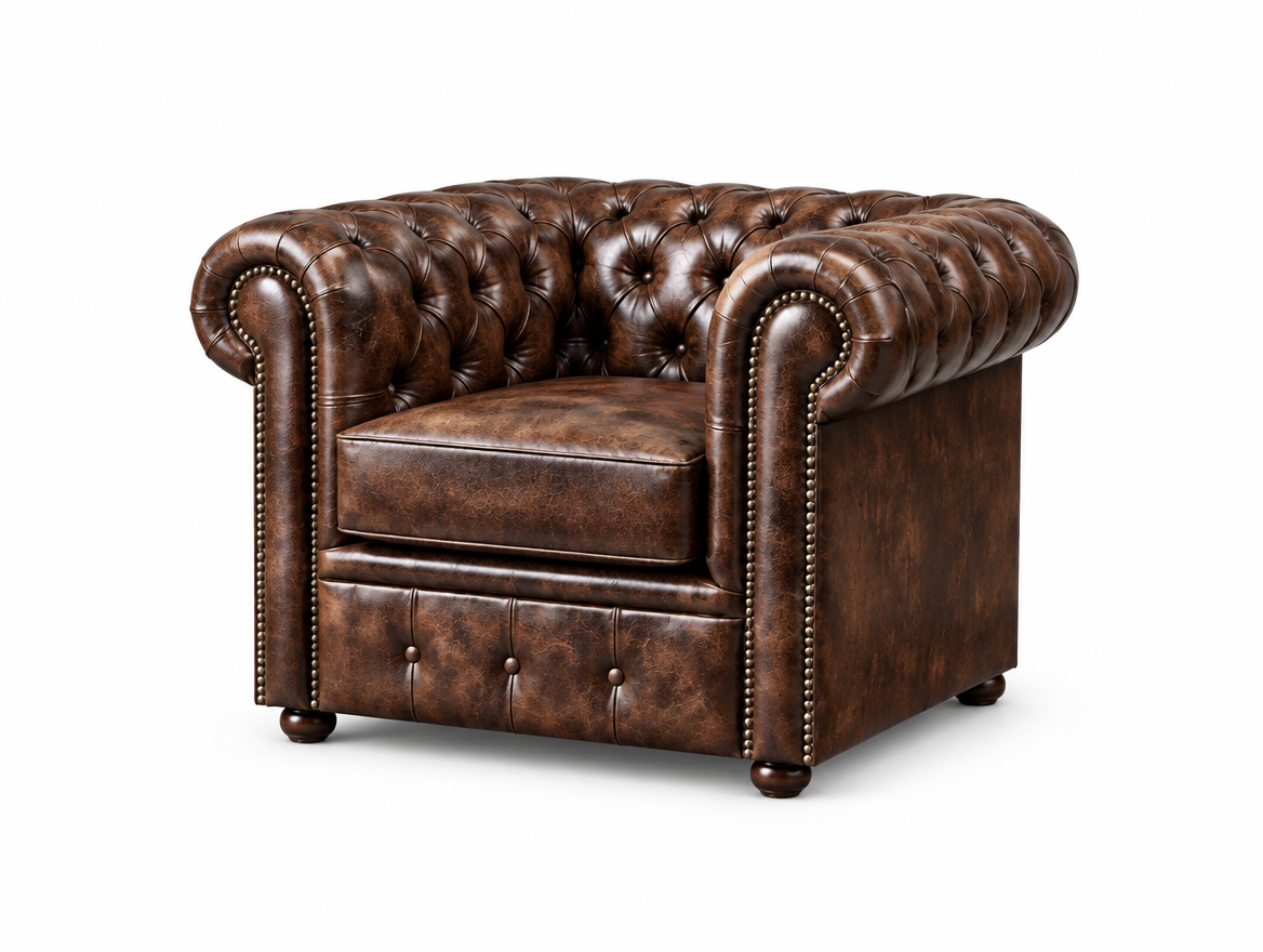 Antique Brown Chesterfield Tudor Low Back Armchair, three-quarter view