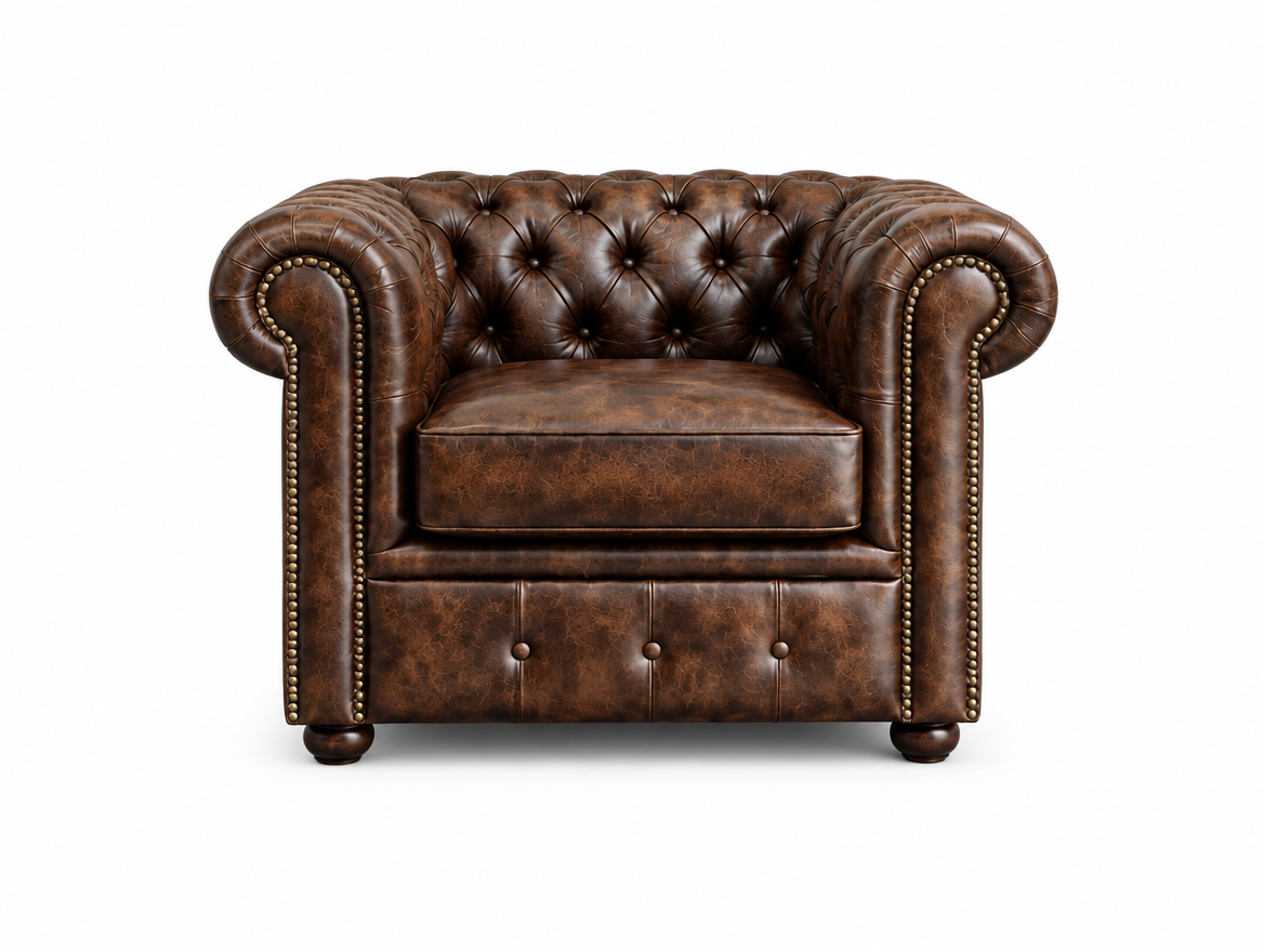 Antique Brown Chesterfield Tudor Low Back Armchair, front view