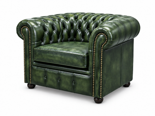 Antique Green Chesterfield Tudor Low Back Armchair, three-quarter view