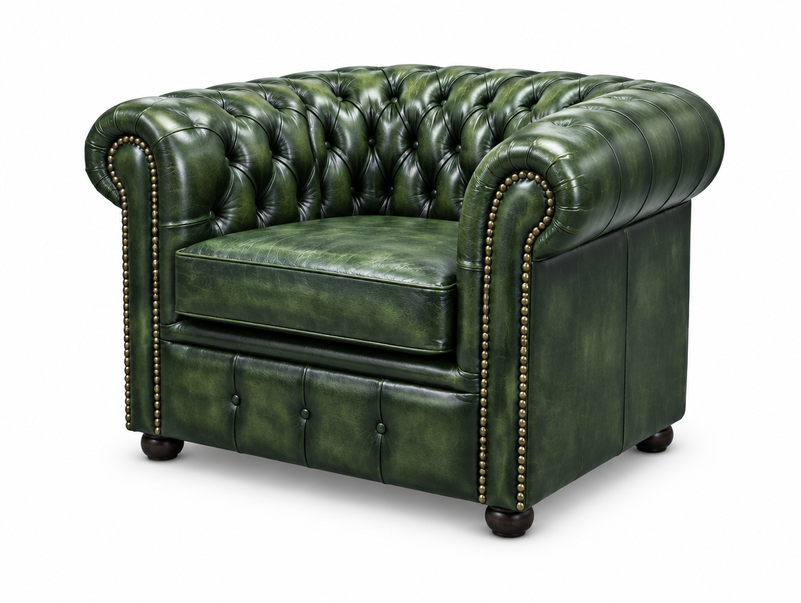 Antique Green Chesterfield Tudor Low Back Armchair, three-quarter view