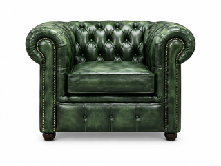Antique Green Chesterfield Tudor Low Back Armchair, front view