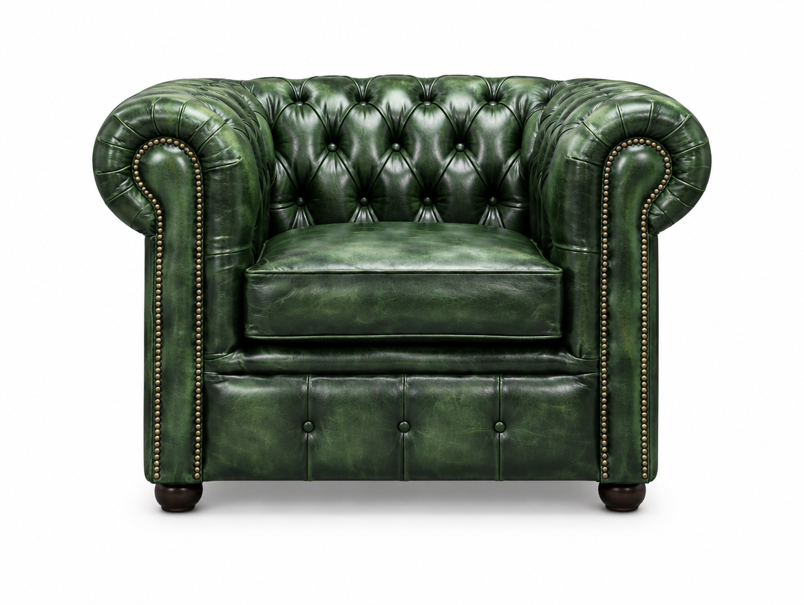 Antique Green Chesterfield Tudor Low Back Armchair, front view
