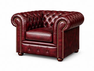 Antique Rosso Chesterfield Tudor Low Back Armchair, three-quarter view