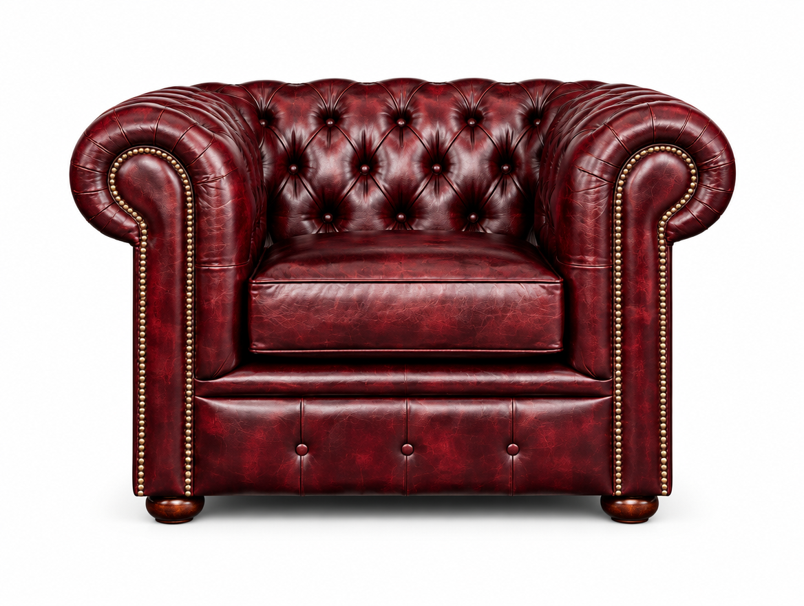 Antique Rosso Chesterfield Tudor Low Back Armchair, front view