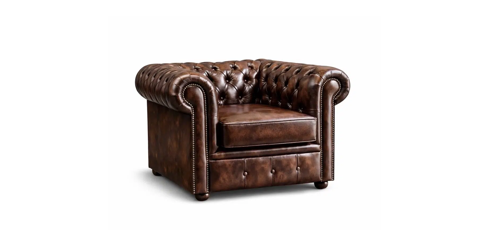 Chesterfield Tudor Low-Back Armchair in Antique Brown leather