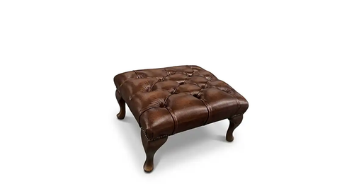 Chesterfield Queen Anne Footstool in Antique Brown leather